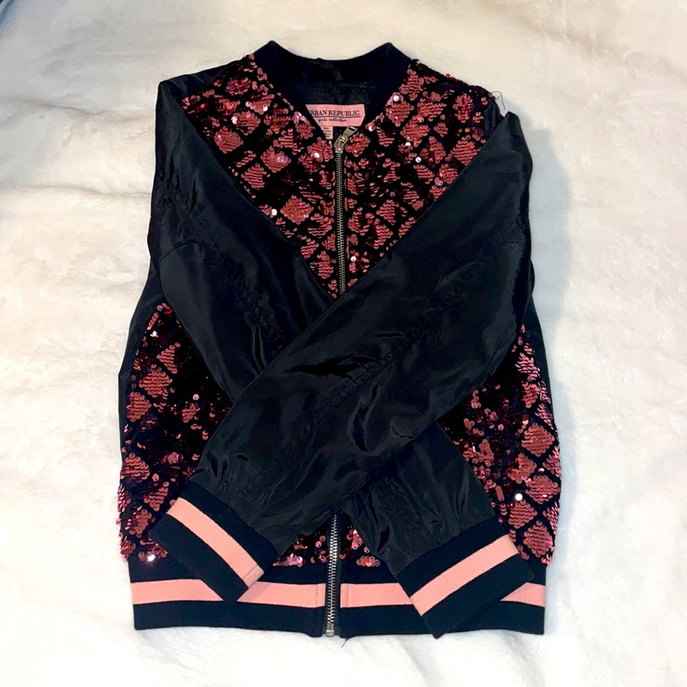 Urban Republic Girls Collection Pink and Black Sequin Bomber Jacket